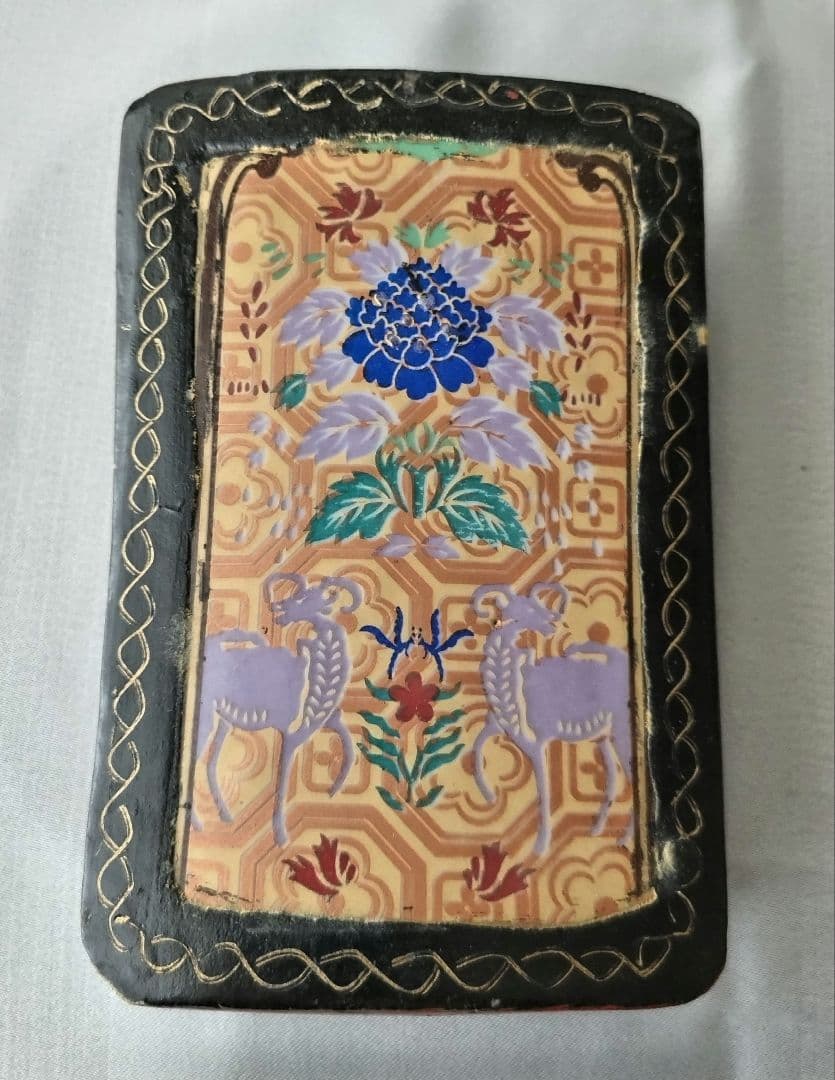 重箱 陶器蓋 草花 鹿 二段重 骨董 ヴィンテージ 時代物 中国 アジア