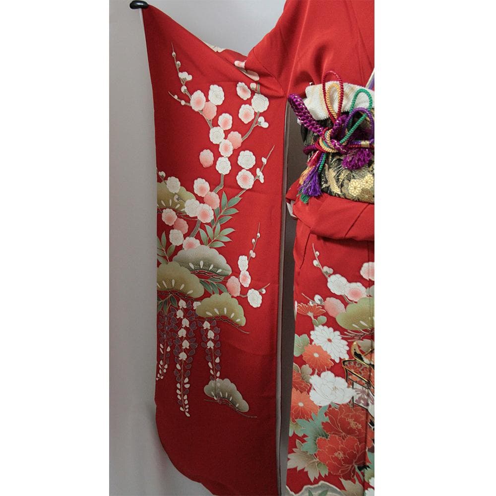 赤■シルク 定番人気■振袖5点セット 帯/帯あげ/帯じめ/伊達衿 No/RF1