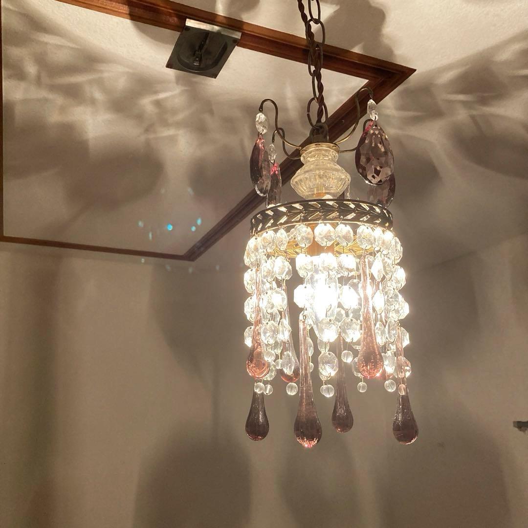 *訳あり クリスタルティアドロップ 1灯シャンデリア 薄紫 フランスアンティーク