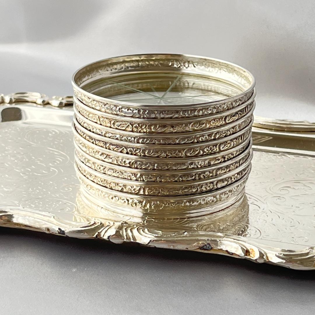 【純銀 / ガラス】フローラルレリーフのワイングラスコースター 8枚