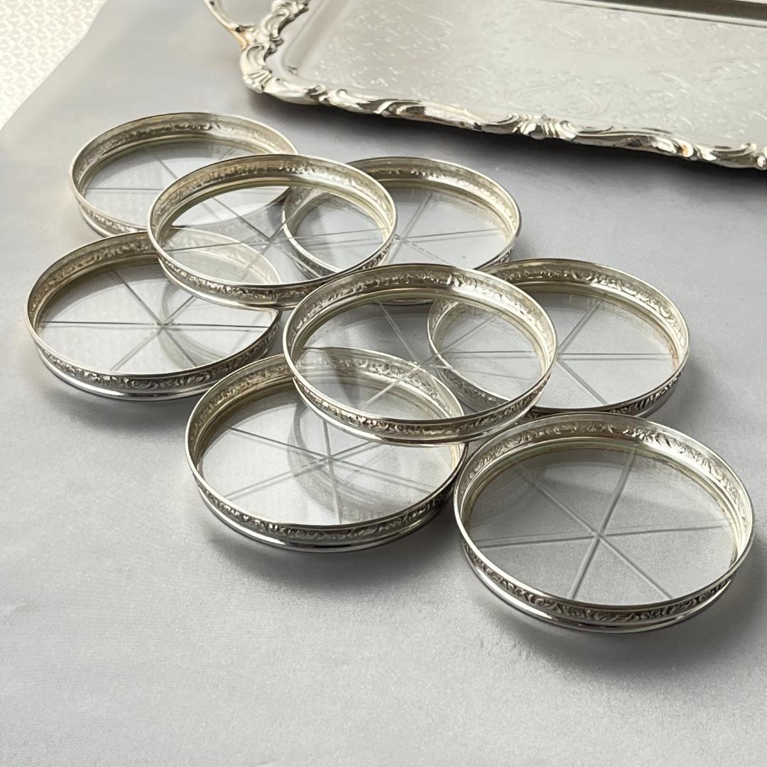 【純銀 / ガラス】フローラルレリーフのワイングラスコースター 8枚