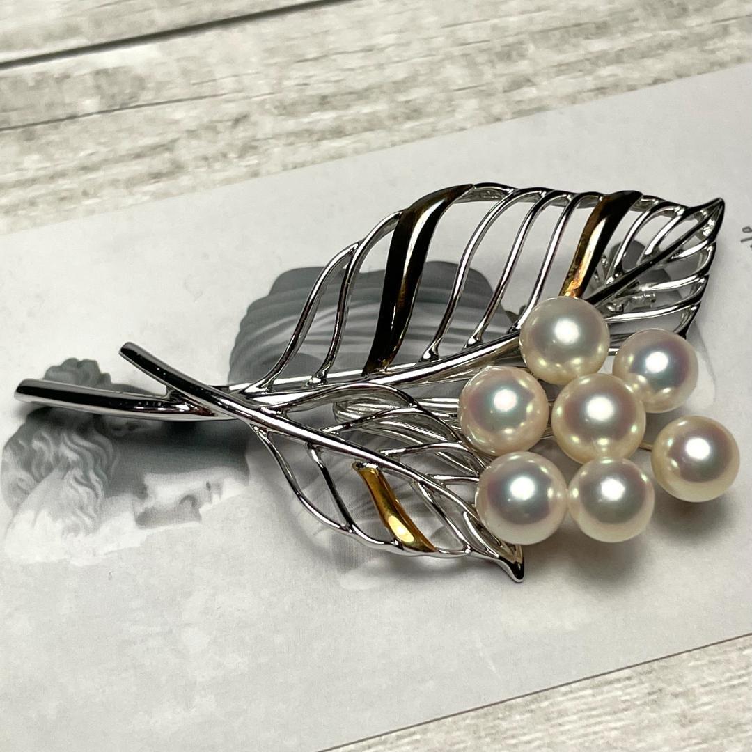K18 シルバー パール ブローチ ピンバッチ 葉っぱ leaf