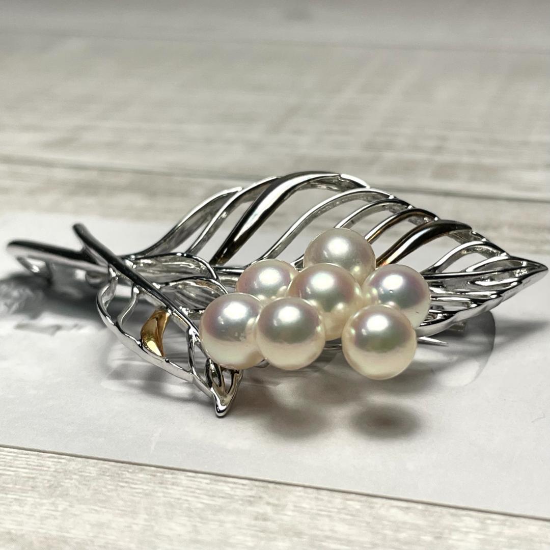 K18 シルバー パール ブローチ ピンバッチ 葉っぱ leaf