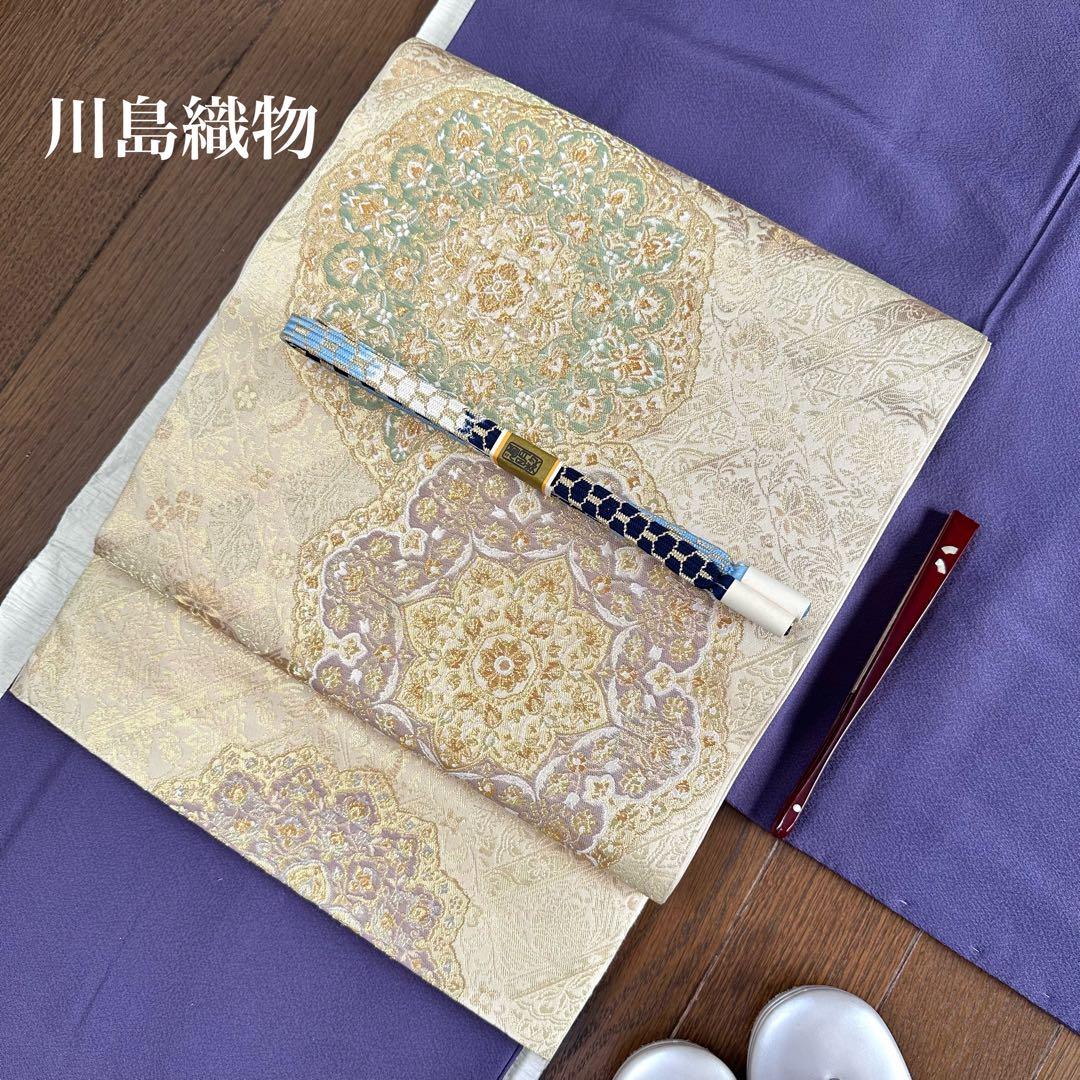 川島織物 淡い配色が上品な西陣織袋帯 金糸正倉院華文様