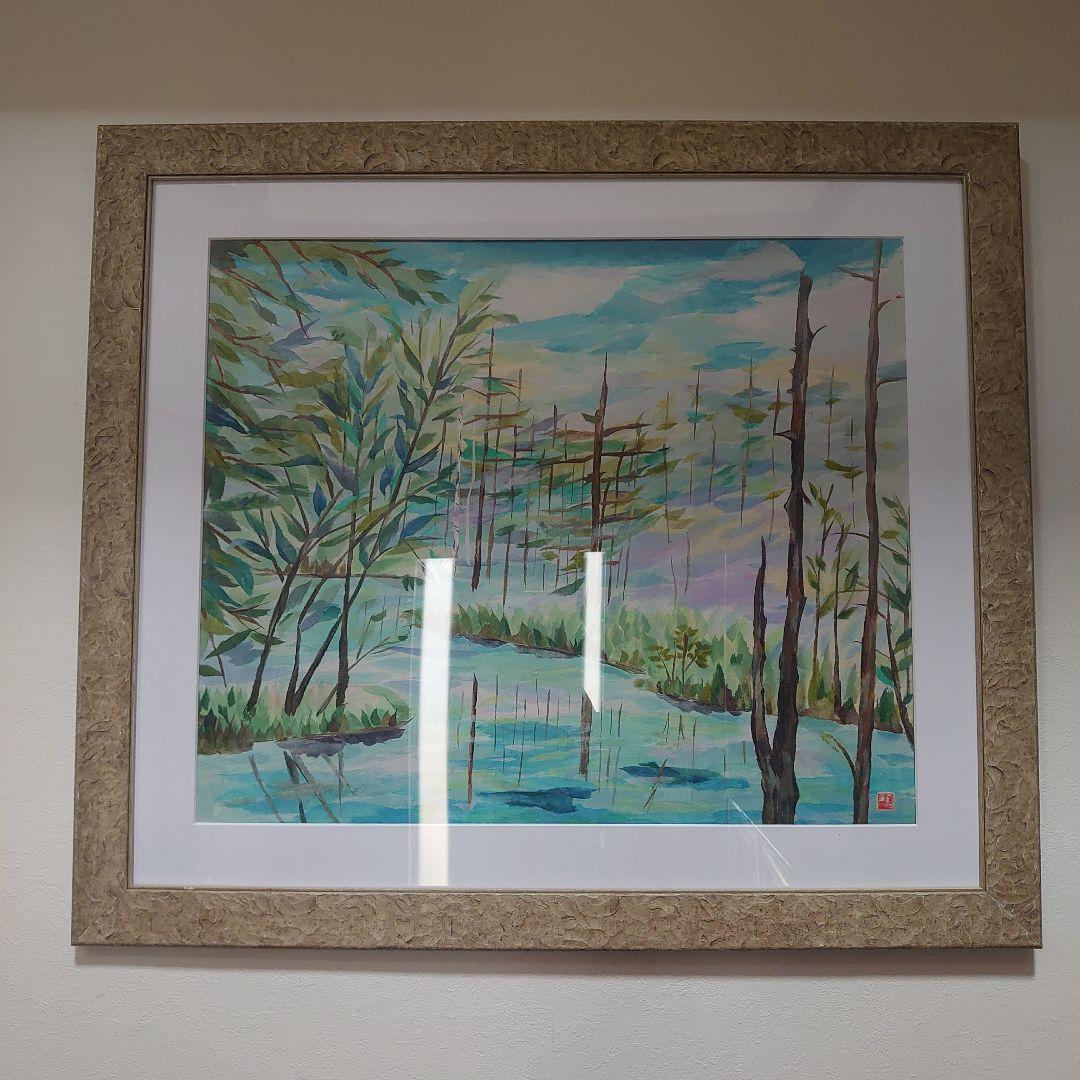 【美品】風景画　千切り絵作家　署名入り　高級額縁　大型絵画　高級和紙　30号