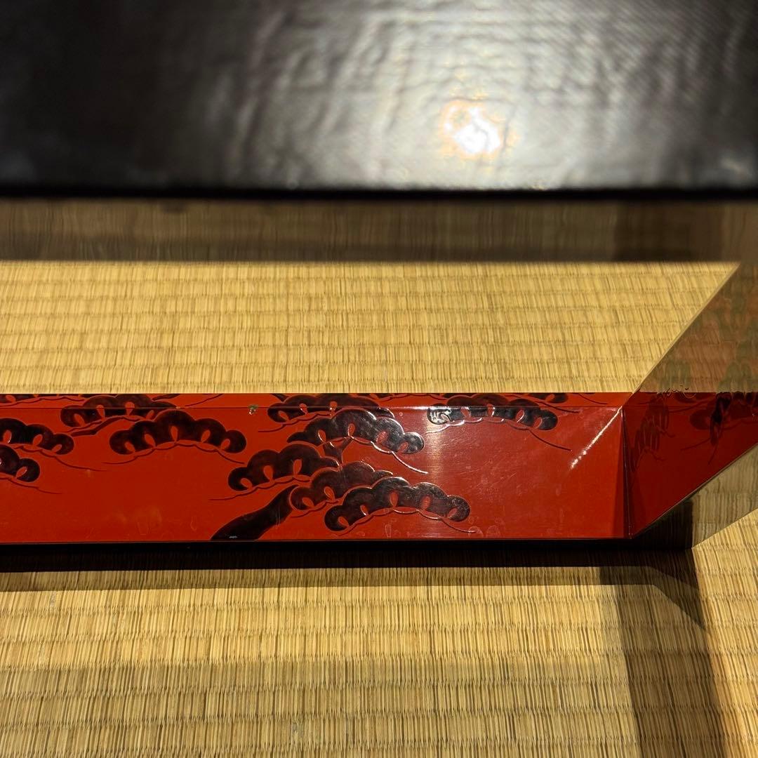 能登輪島塗 慶塚 朱塗老松蒔絵 炉縁 共箱 共布