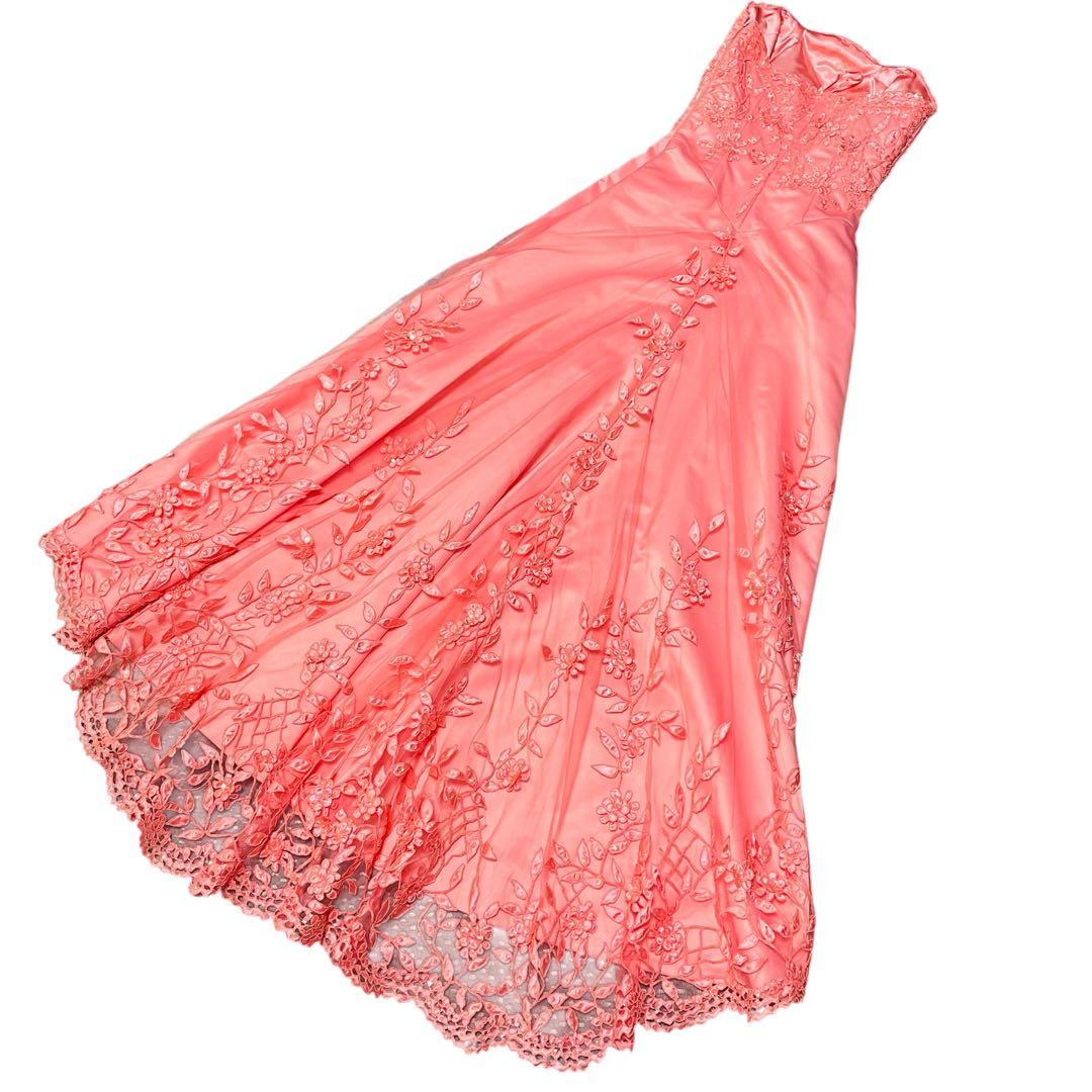 希少✨エメ✨ステージドレス　演奏会 9号　サーモンピンク　刺繍　パール　Aライン