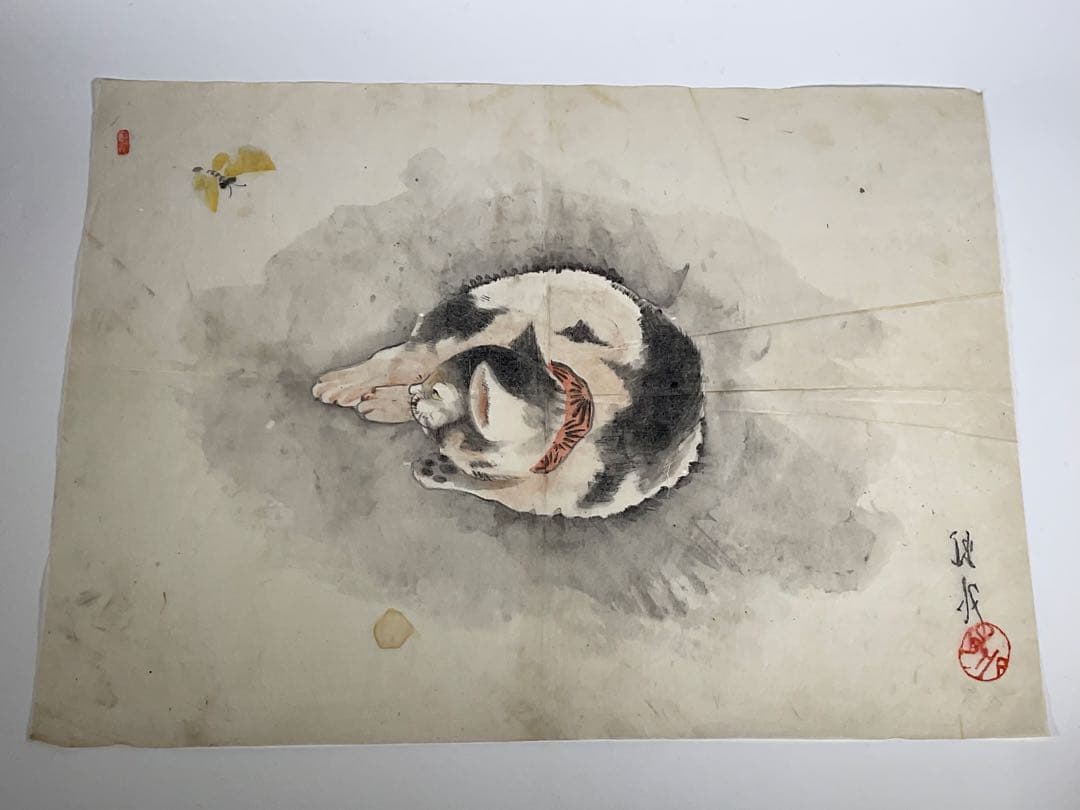 虹外筆　猫と蝶　ネコ　日本画　額入り