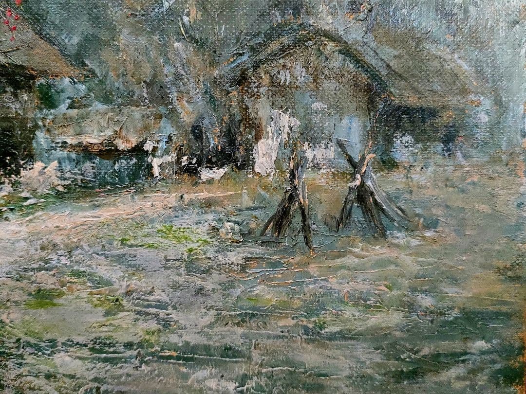 「田舎家風景」油彩 P6 額装サイン有⁰