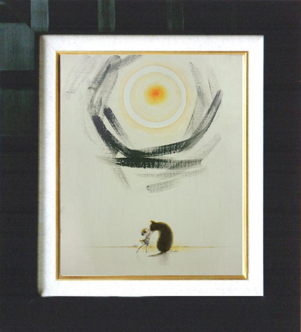 油絵 菅家令子 絵 絵画インテリア額付(黒) F3-092018 子犬猫と女の子