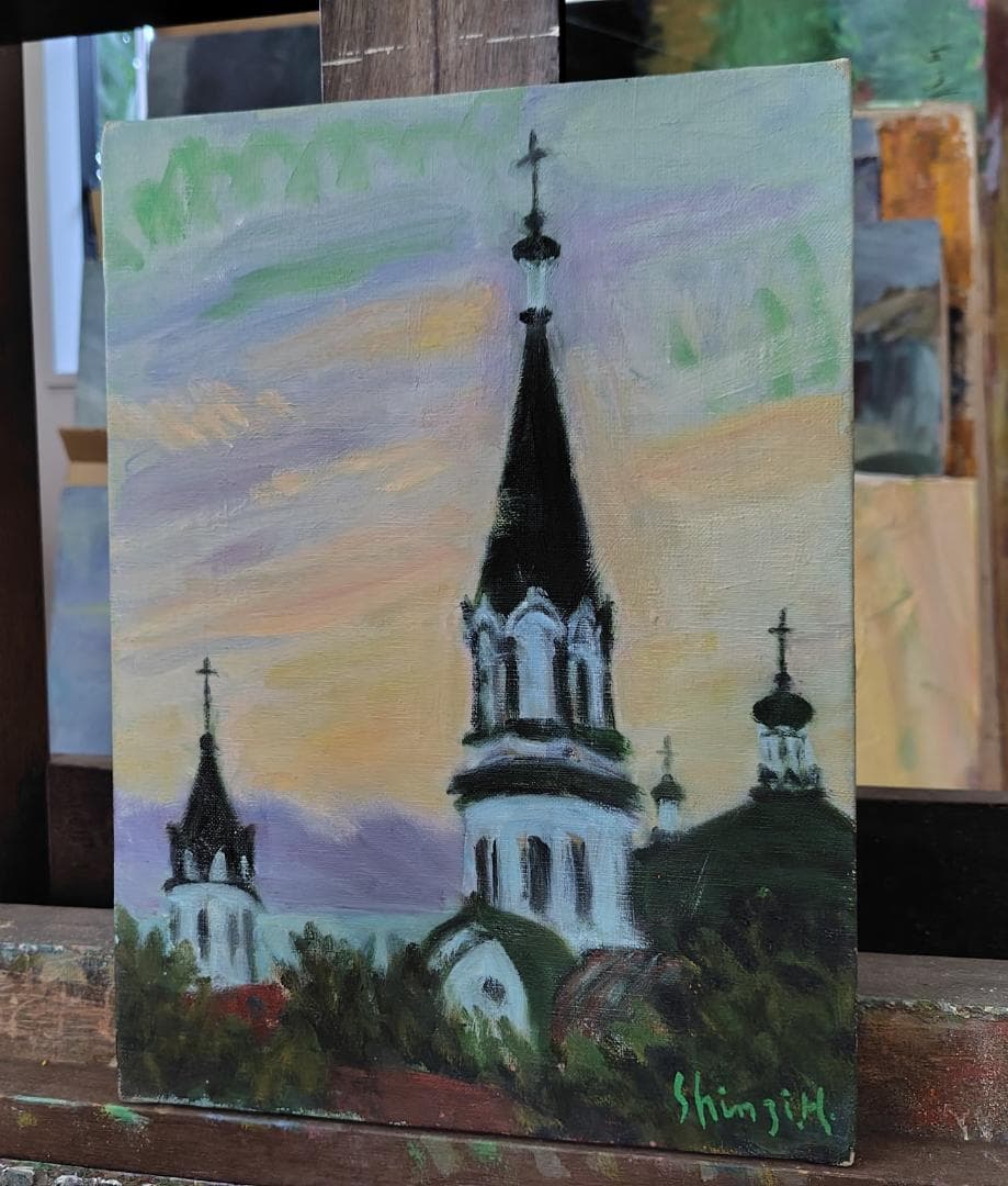 油彩画「塔 」函館 ハリストス正教会 F4 油絵 風景画 アート 絵画