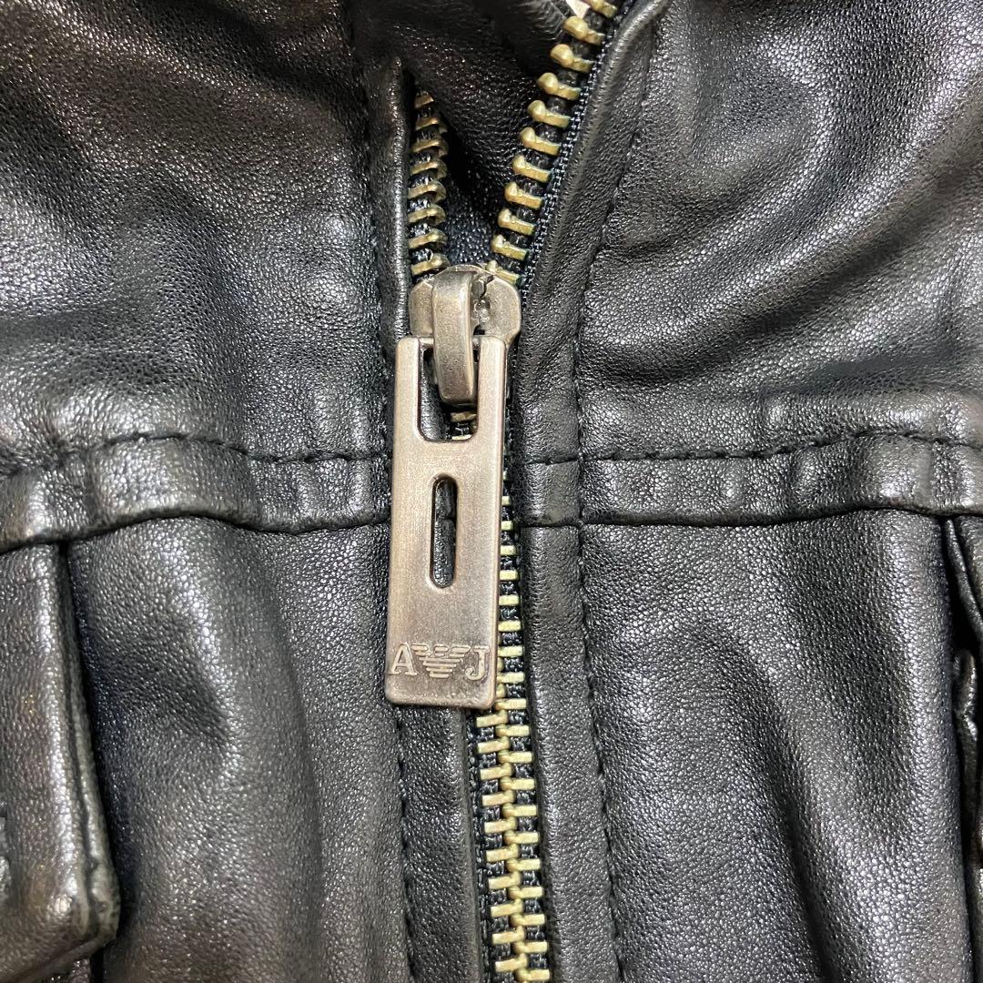 美品 アルマーニジーンズ ニット切替 羊革 ラム レザージャケット ライダース