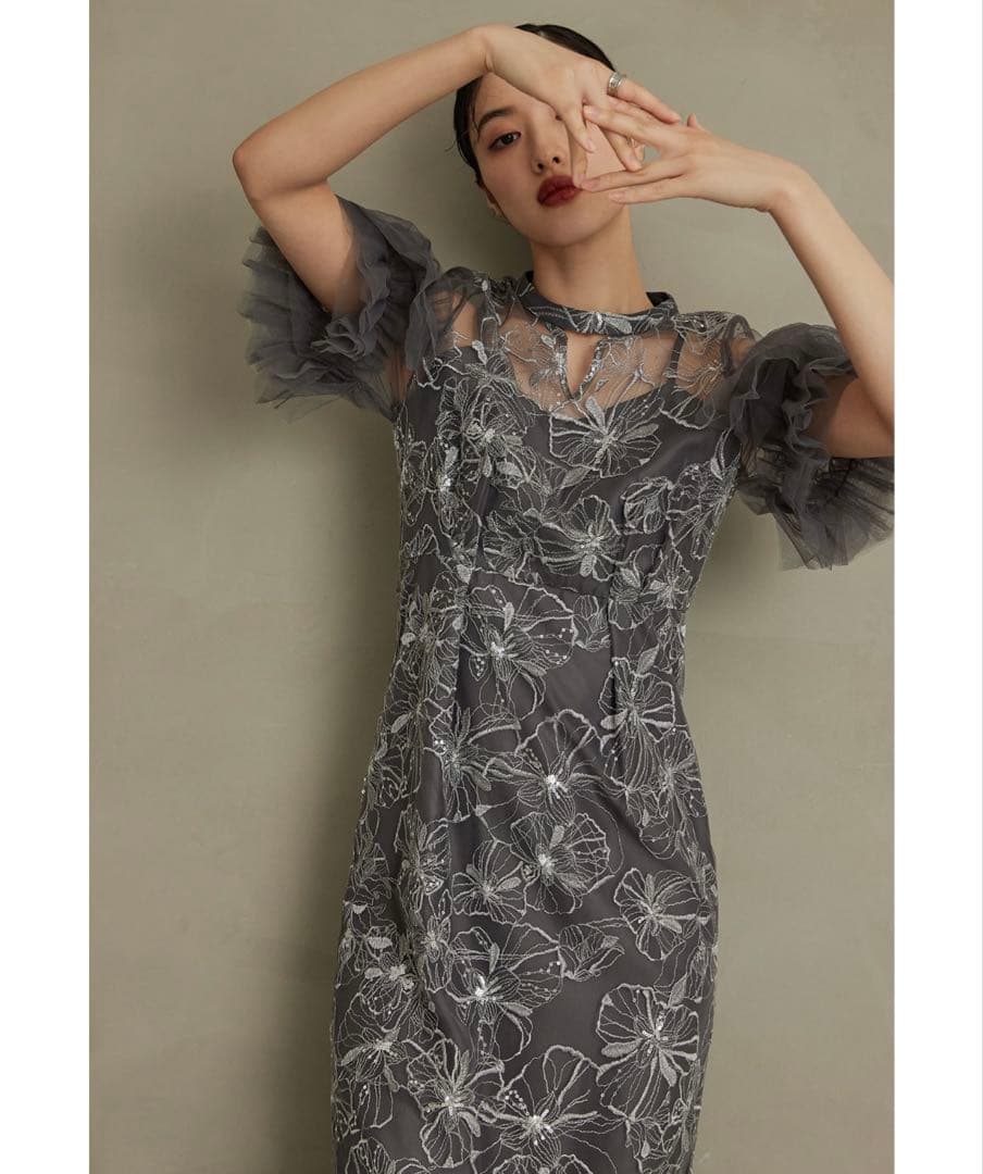 【美品】スパンコール刺繍レースドレス チャコール 二アナ niana