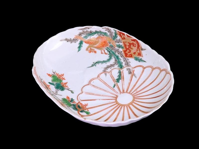 古伊万里　金襴手　陽刻　桐に鳳凰　菊の図　楕円長皿　２枚　F054AS-fbsi