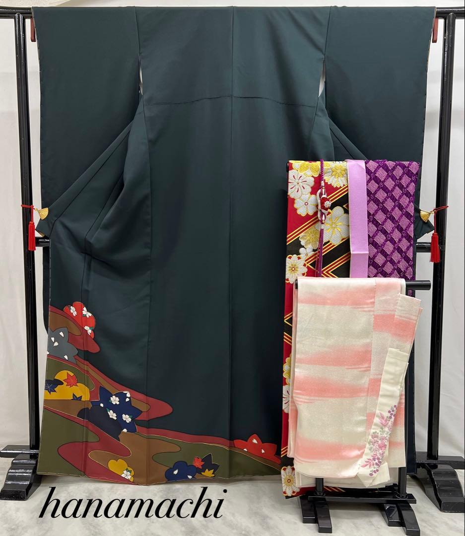 振り袖　フルセット　 玄才　金彩　しつけ付　成人式　深緑　全通長尺袋帯　590