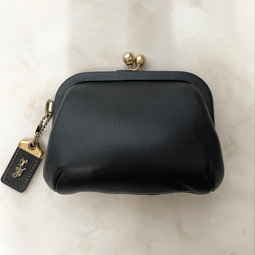 小物 COACH Leather Coin Purse Kiss Lock Black