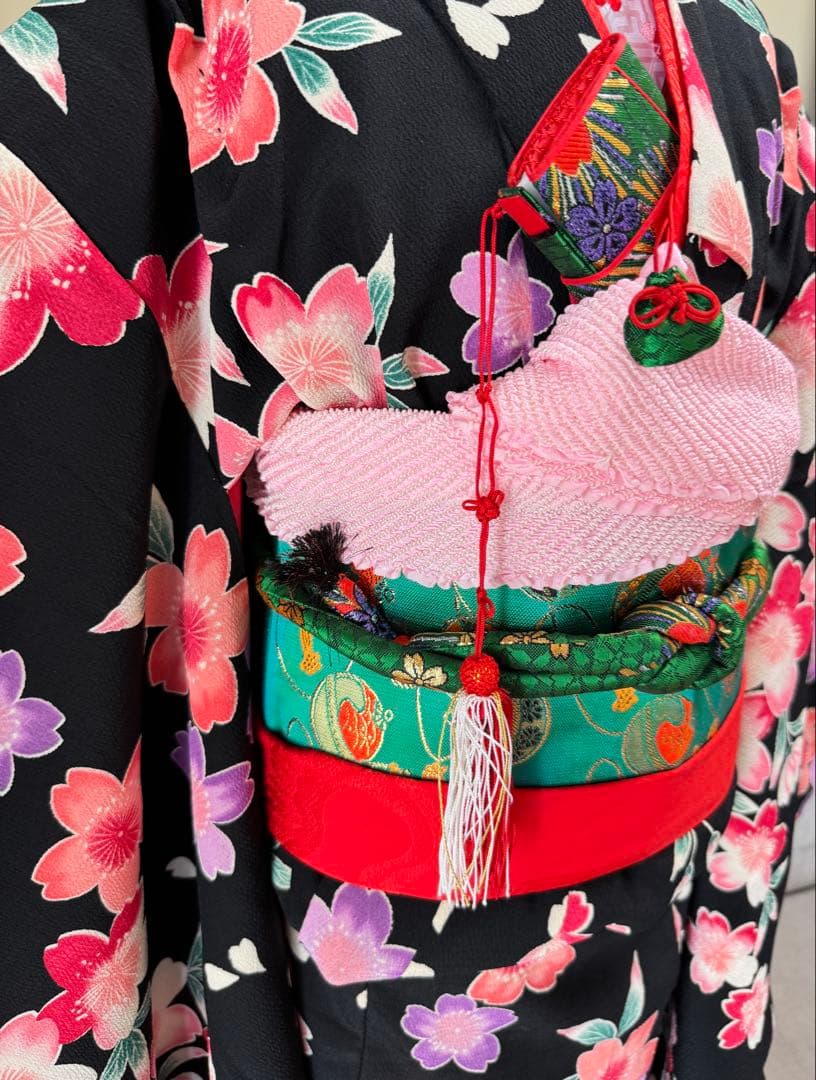 七五三着物帯セット　7歳　黒花柄