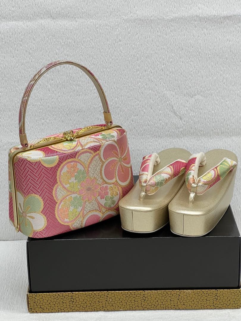 花柄 和装用バッグと草履セット　礼装　振袖　成人式　Mサイズ　厚底