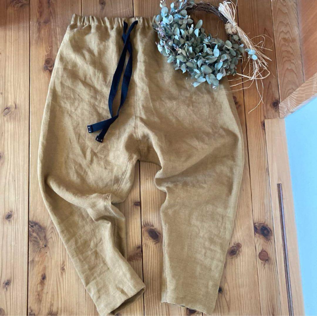 秋new♪＊ハンドメイド＊もんぺパンツ　サルエル起毛リネン　キャメルからしＬ