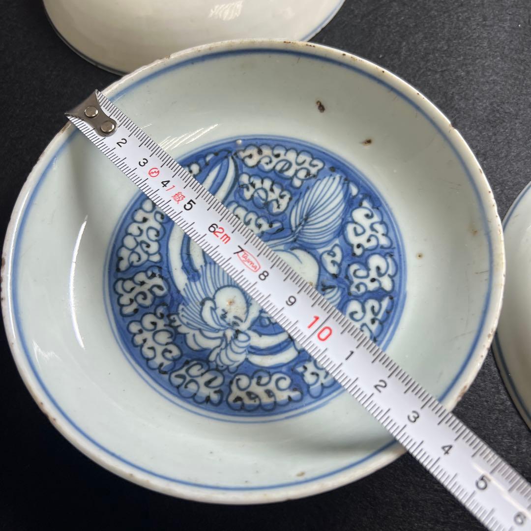 中国明時代　古染付龍図中皿10枚　木箱付　直径約13㎝　東Y8-0114☆2F