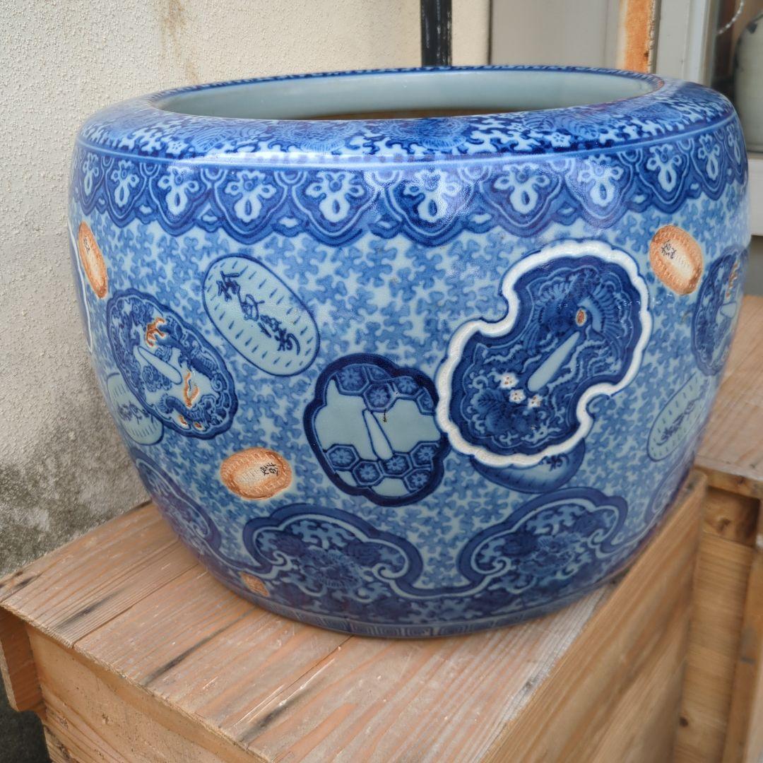 骨董 大型 火鉢 伊万里 染め付け メダカ 金魚 睡蓮鉢 小判 鍔 鉢カバー