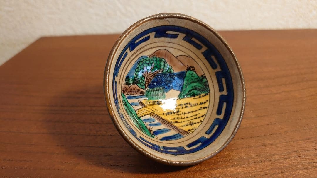 九谷焼　吉田屋　松山窯　青九谷　青手　山水画　九谷銘　アンティーク九谷焼　１客