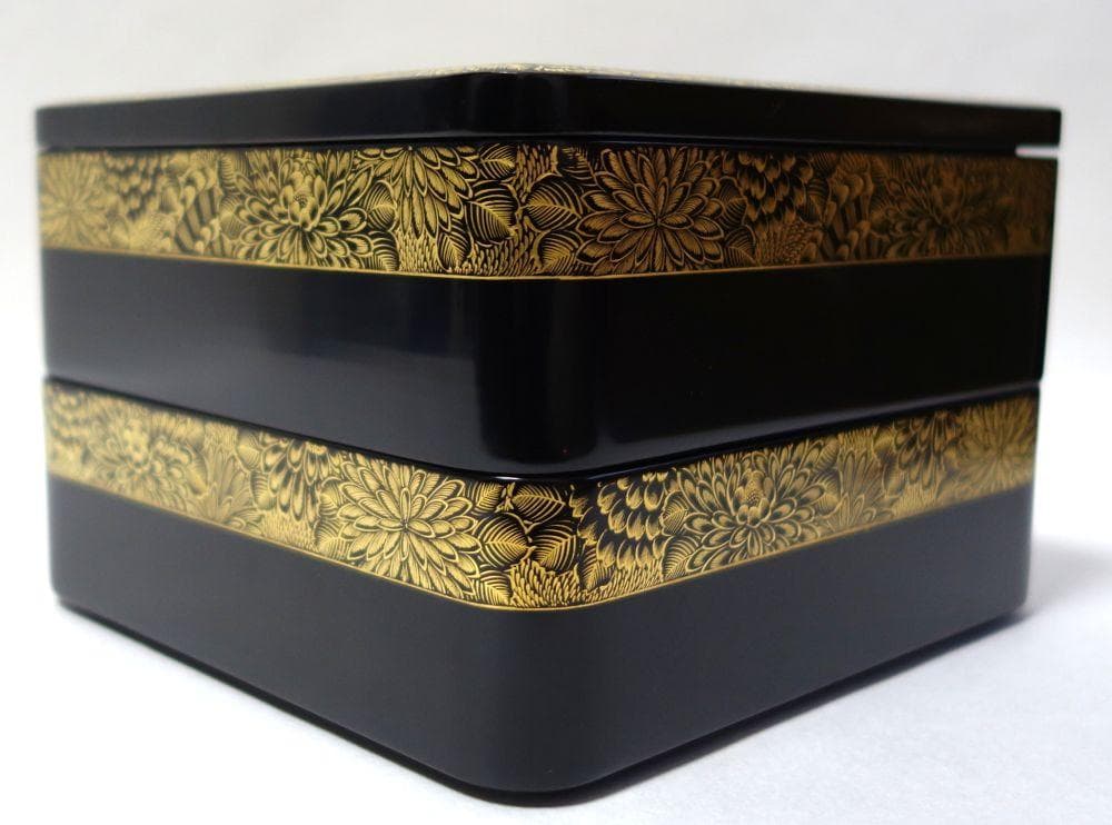 輪島塗 未使用 沈金菊文様 二段重箱