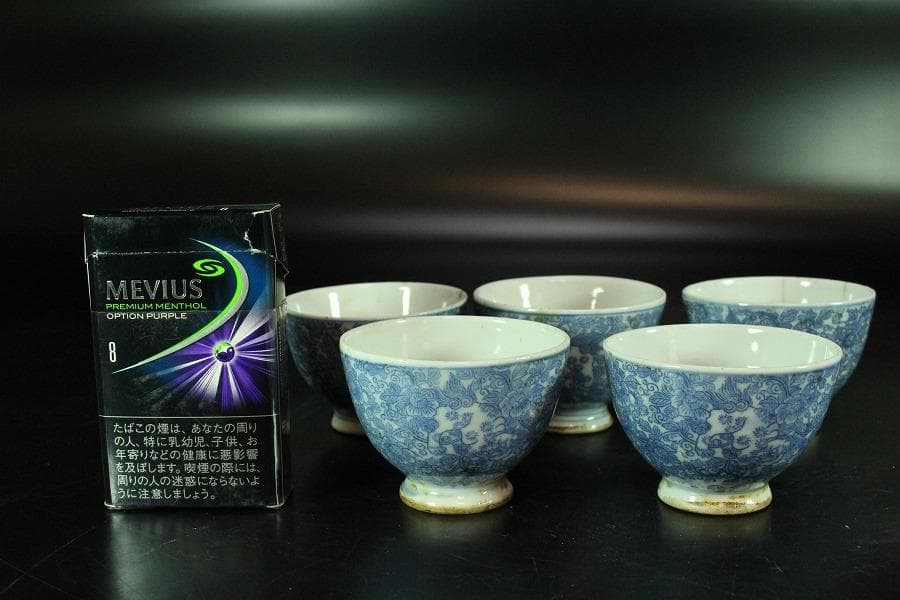 煎茶 染付 碗 五件 時代物(K-LC763)