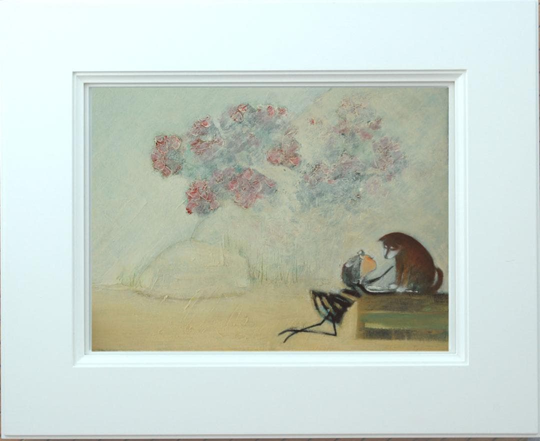 油絵 菅家令子 絵 絵画インテリア額付(白) uF6-071619 子犬と女の子