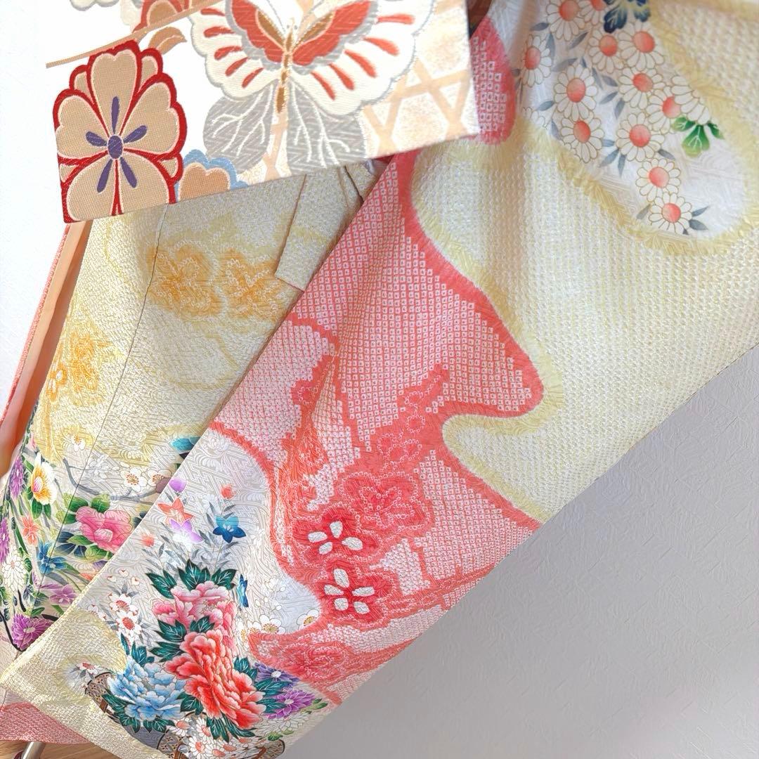 491 振袖フルセット 正絹 コーラルオレンジ クリームイエロー 絞り 金彩