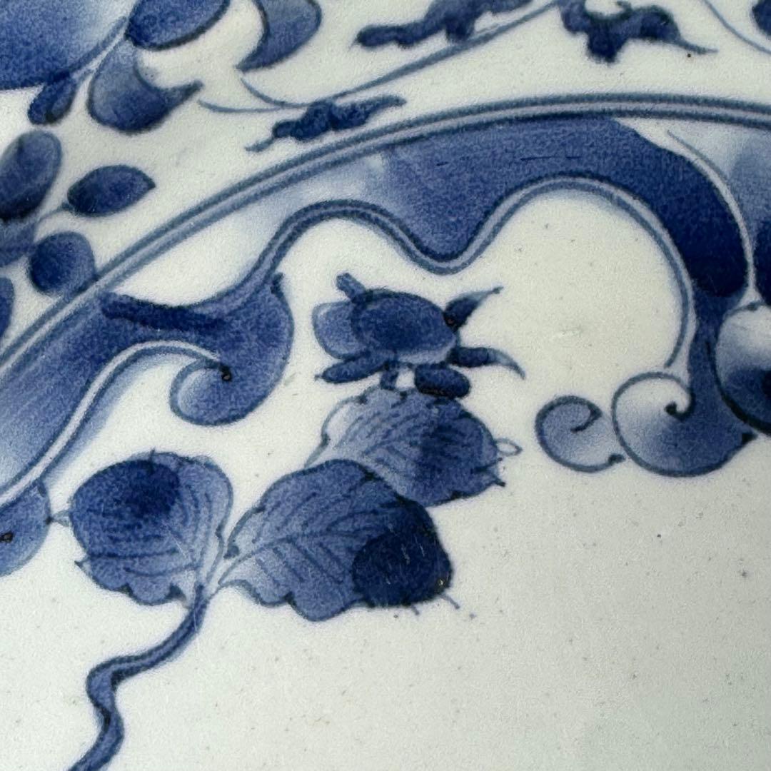 古伊万里　藍九谷様式　染付水鳥花図尺皿　31.5cm　裏唐草文　江戸中期　蒐集家