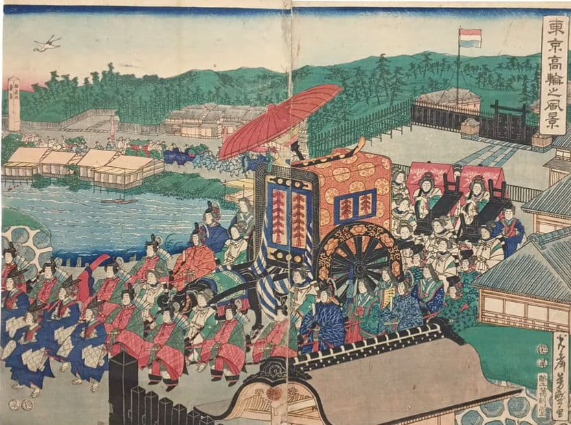 浮世絵版画、東京高輪風景 三枚綴りの右側と真ん中の2枚売り歌川芳盛画明治3年出版