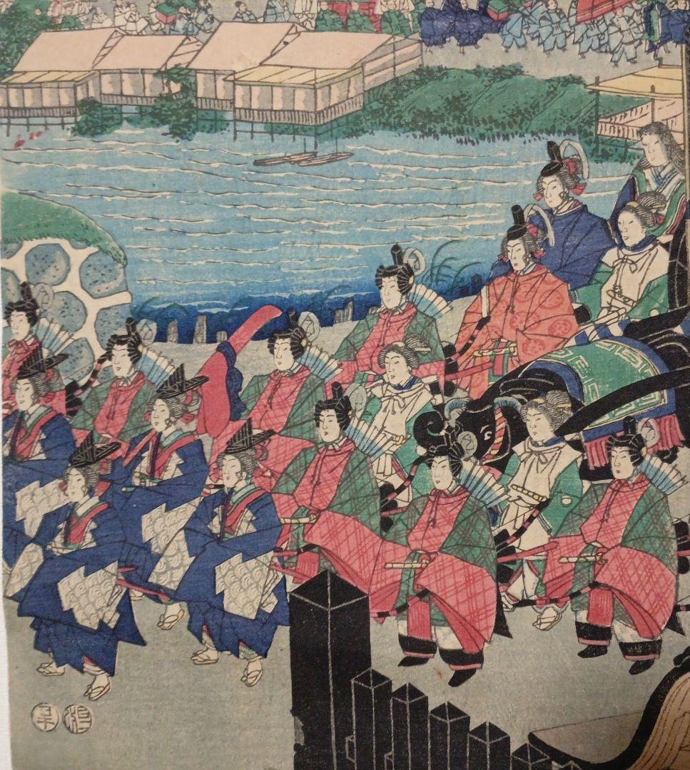 浮世絵版画、東京高輪風景 三枚綴りの右側と真ん中の2枚売り歌川芳盛画明治3年出版