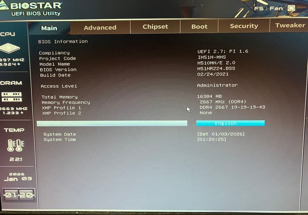 i5 10400　BIOSTAR H510M DDR4 16GB
