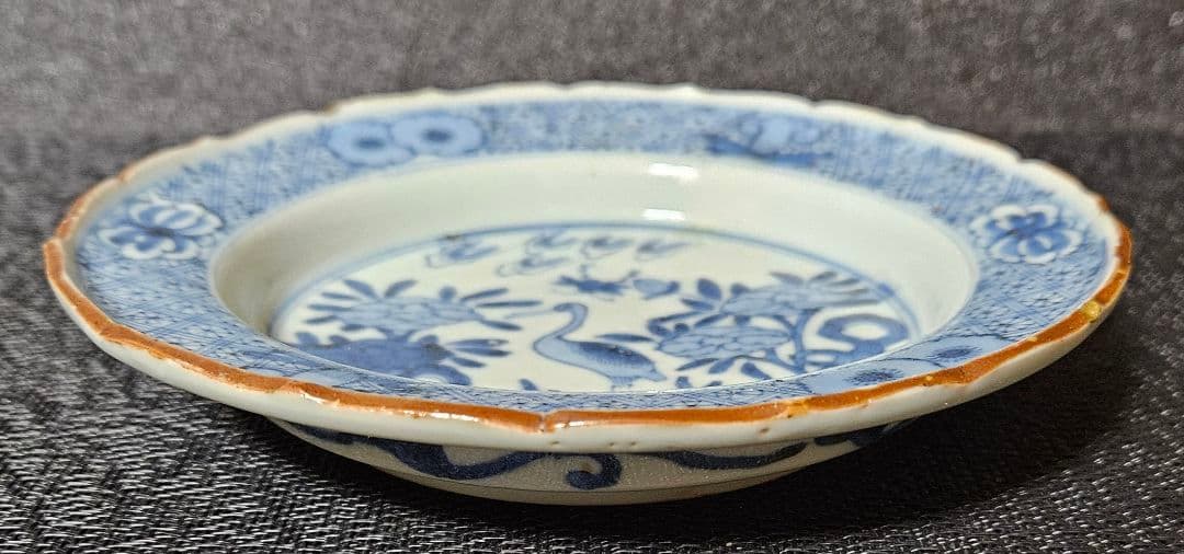 【上作品❗】【名品❗】江戸時代中期　古伊万里　染付　花に鶴図　16.5cm　兜皿