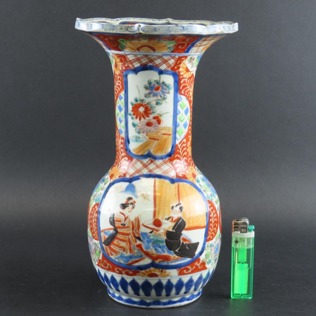 142 古伊万里 色絵 風俗図 花瓶 高さ27cm 再春亭新屋好銘 江戸時代