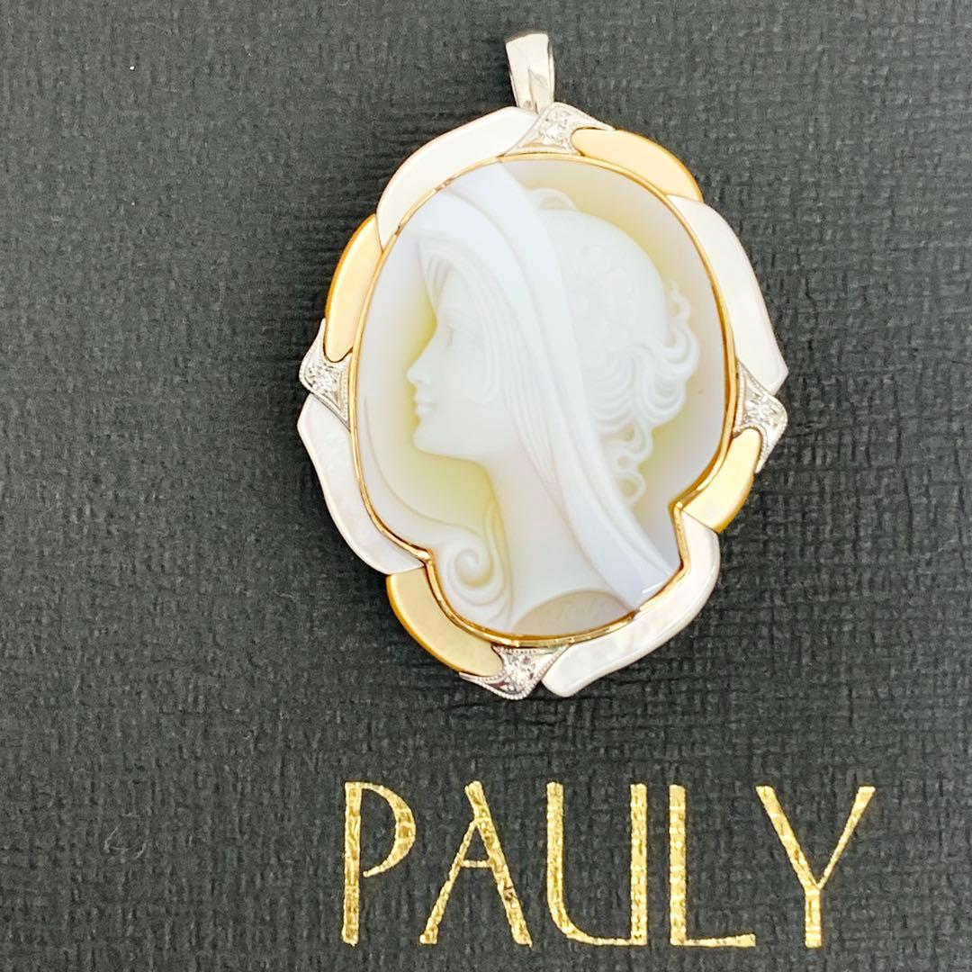 エルヴィンポーリー K18 Pt900 カメオ ブローチ ダイヤ シェル メノウ