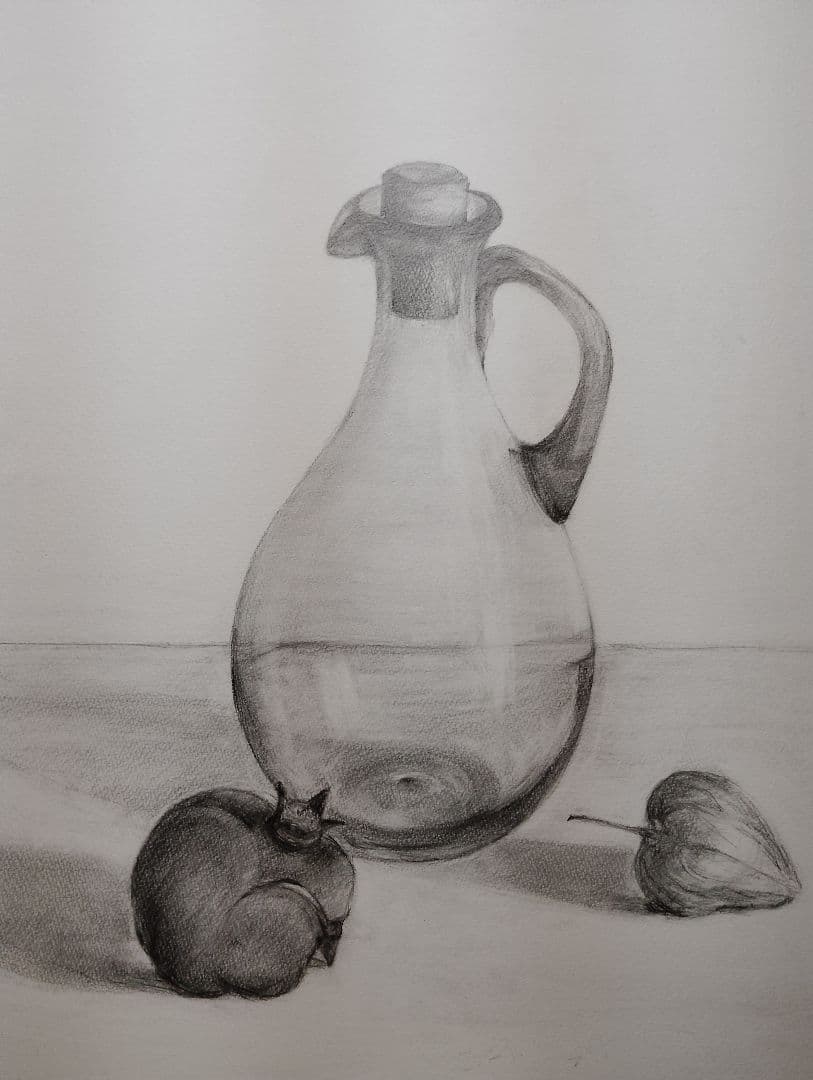 静物画 鉛筆画 『ガラスの容器と果物』縦55㌢横35㌢