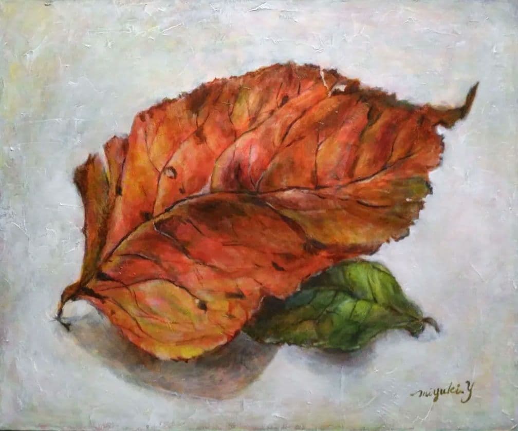 落ち葉をダイナミックに画面いっぱいF１２号。保田三友紀の油絵額縁なし。大幅値下げ