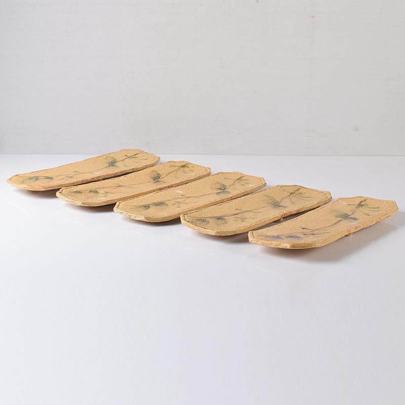 和食器　りんどう窯　小松幸代作　黄瀬戸　草文　長方皿　五客　共箱　D　R8175