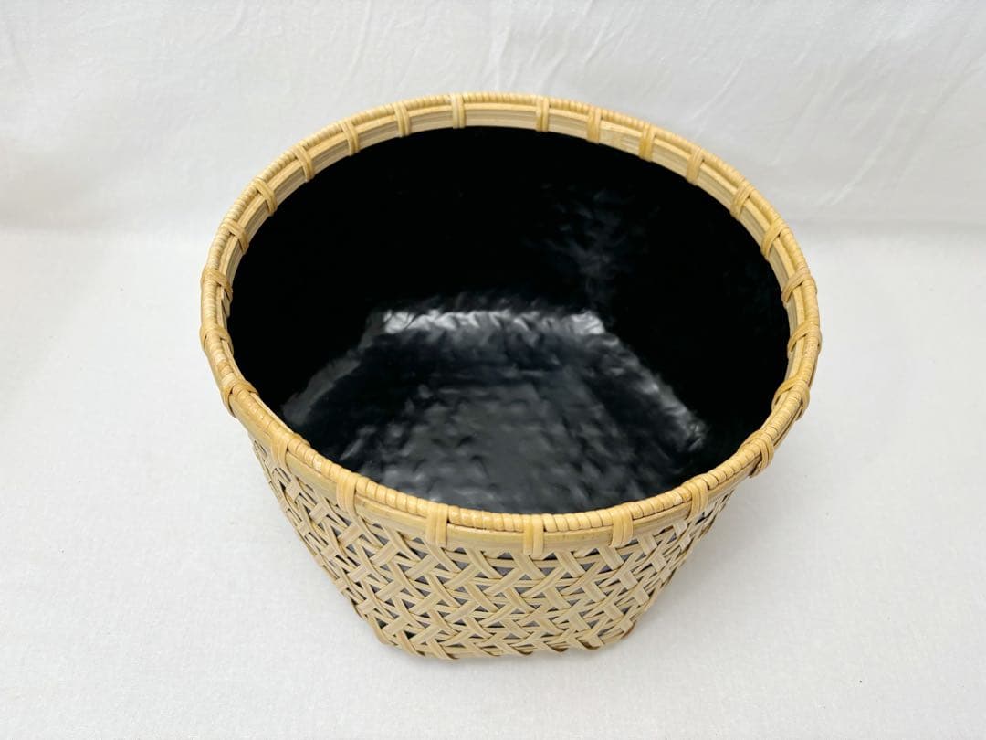 未使用 茶道具 平安 竹美斎作 利休好 鱗篭竹炭斗 刻印 炭取り 竹工芸 共箱