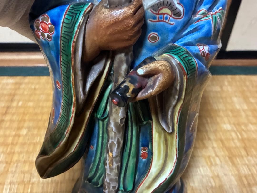 九谷焼 古九谷 金彩 色絵 寿老人 木箱付 33.0㎝！