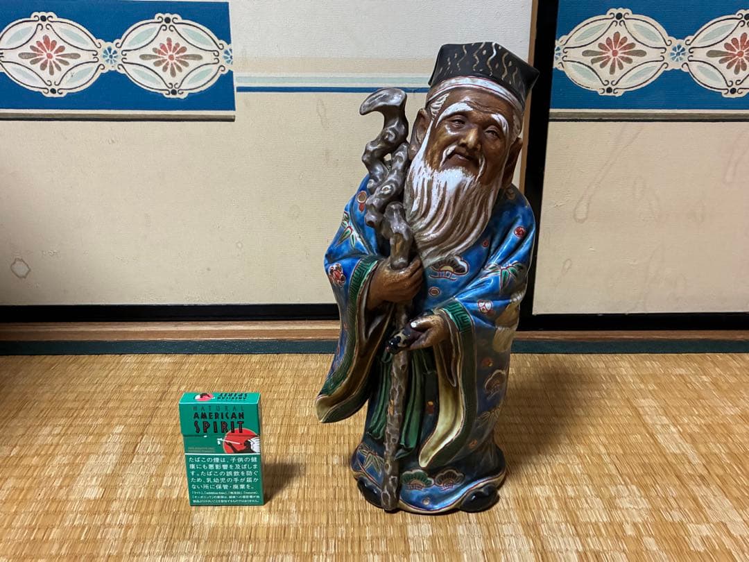 九谷焼 古九谷 金彩 色絵 寿老人 木箱付 33.0㎝！