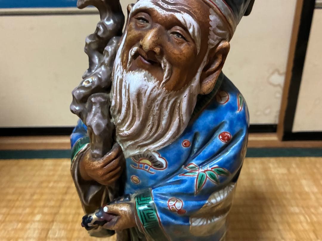 九谷焼 古九谷 金彩 色絵 寿老人 木箱付 33.0㎝！
