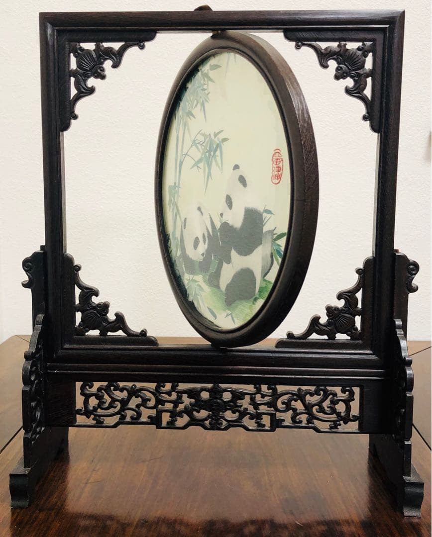 中国美術 熊猫蝙蝠紋樣 細工雙面蜀繍硯屏 置物 インテリア コレクション書道具