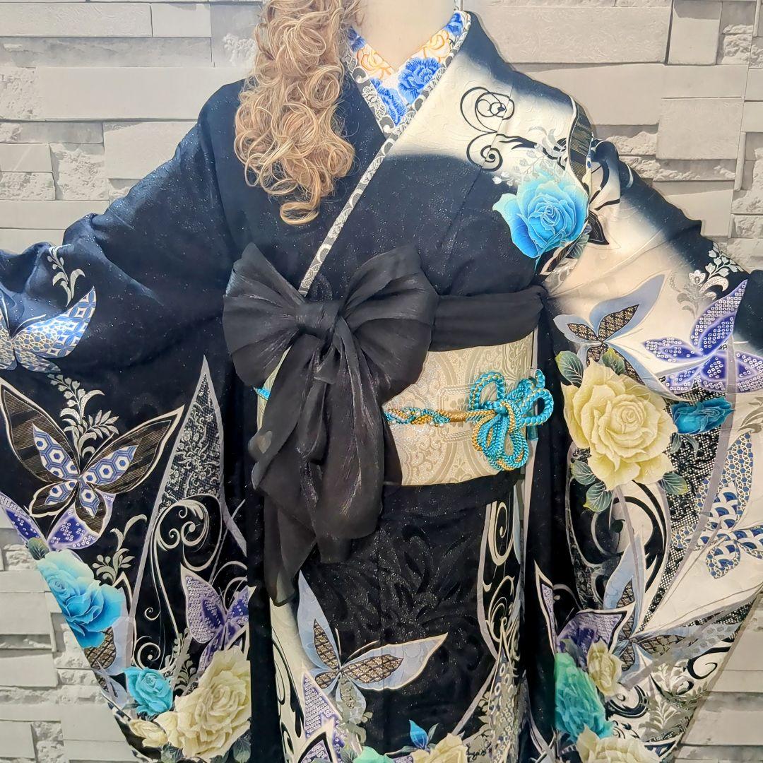正絹振袖 駒刺繍 薔薇 蝶 銀通し 振袖セット 振袖フルセット 黒青白 62