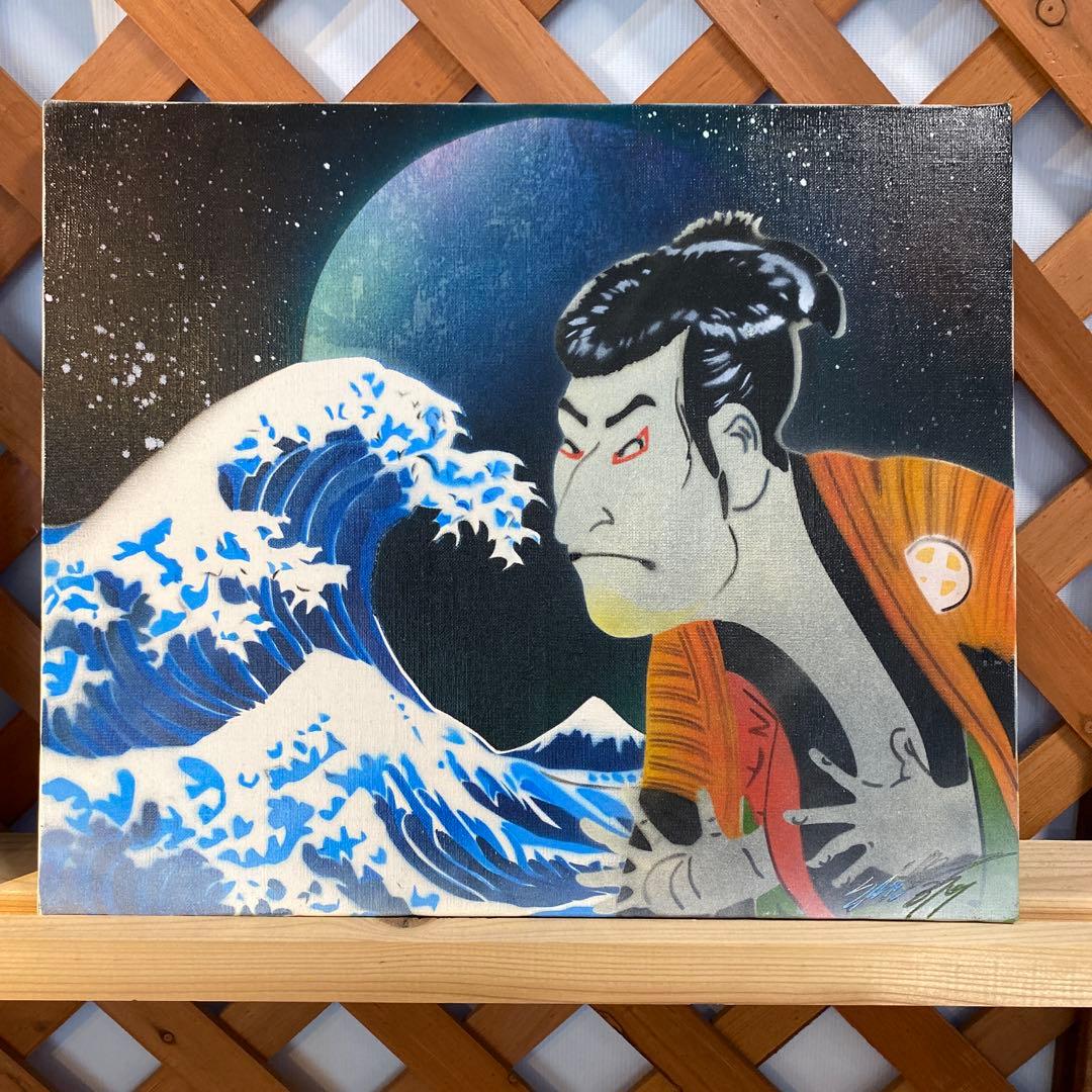 波と武士の和風アートキャンバスF8