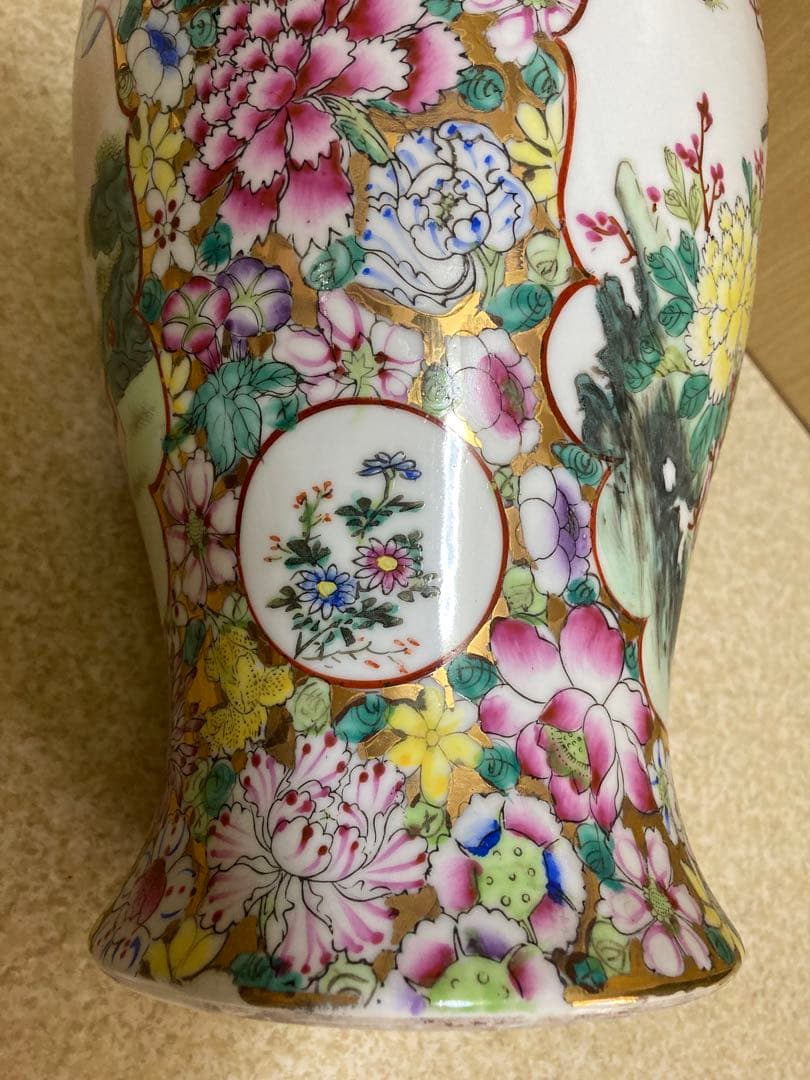 中国骨董／人物花鳥図／￼絵金百花瓶／亁隆年製铭