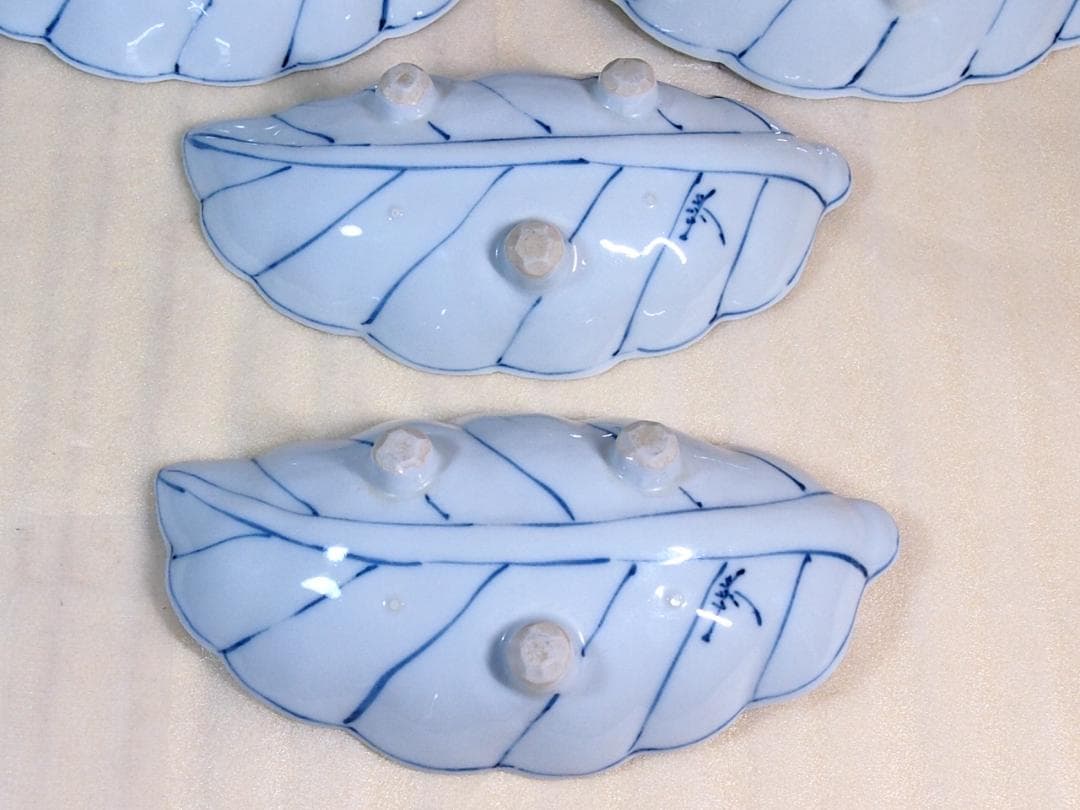 【未使用】高橋芳宣 染付葉型向付 7客 葉文向附 銘々皿/菓子皿 茶道具 食器