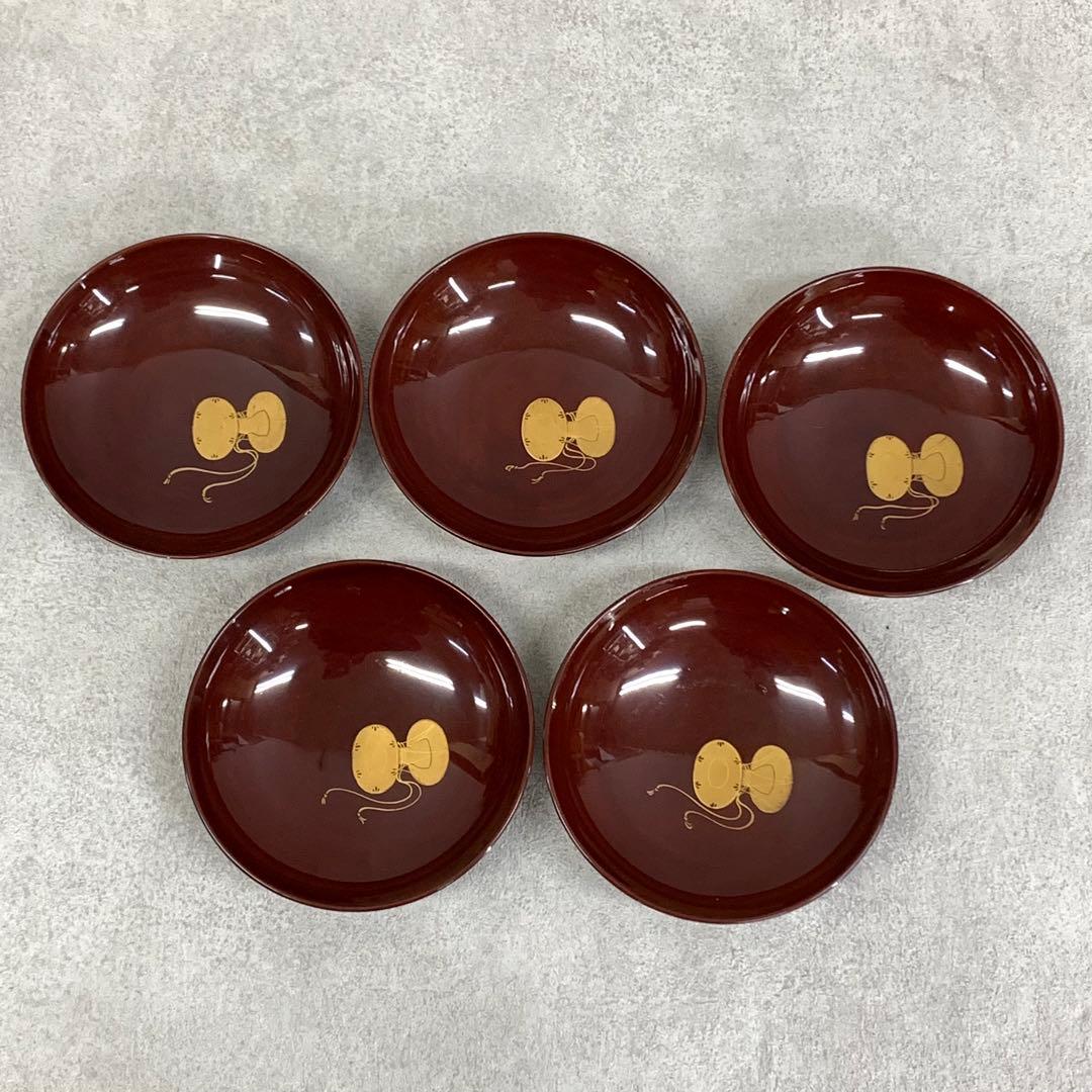 吸物椀 5客 絵変わり 塗り 溜絵 正月 賀正 金彩 汁椀 雑 C